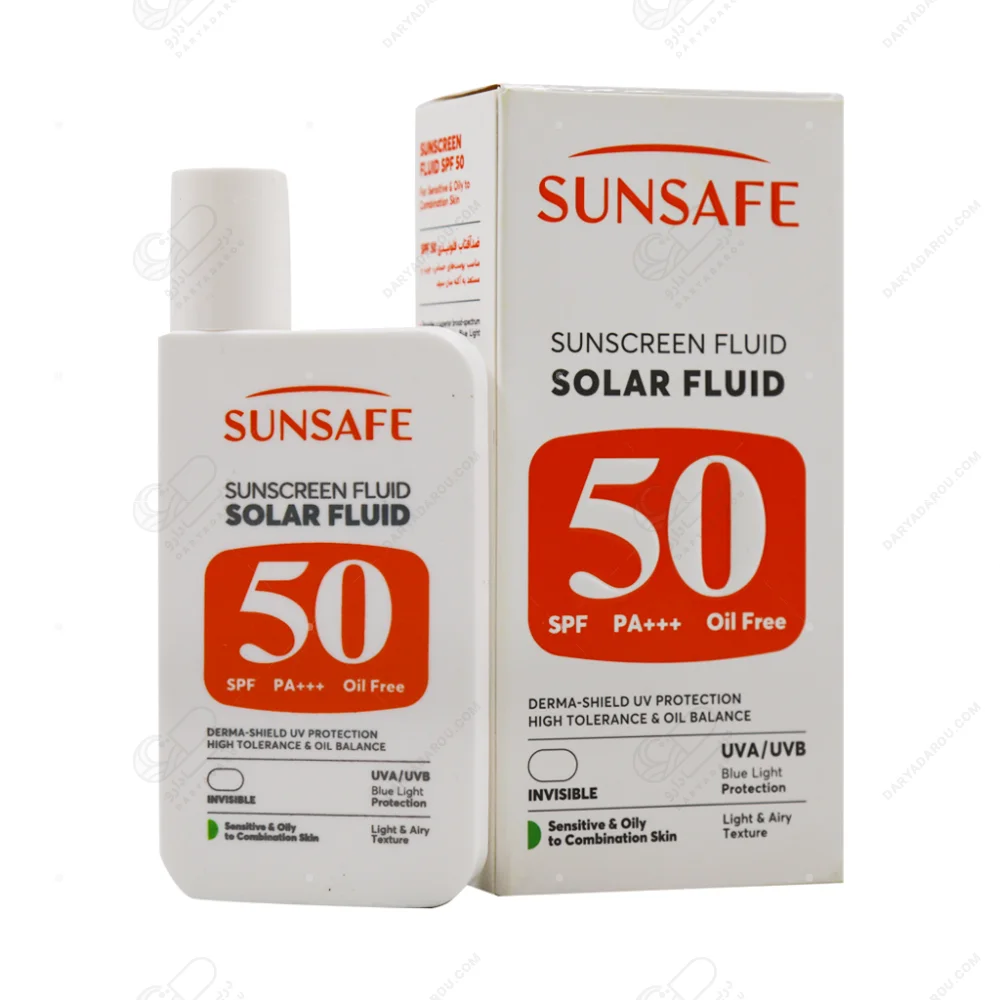 سان سیف ضدآفتاب فلوئید مناسب پوست های حساس،چرب و مستعد آکنه.spf50 بدون رنگ 55 گرمی